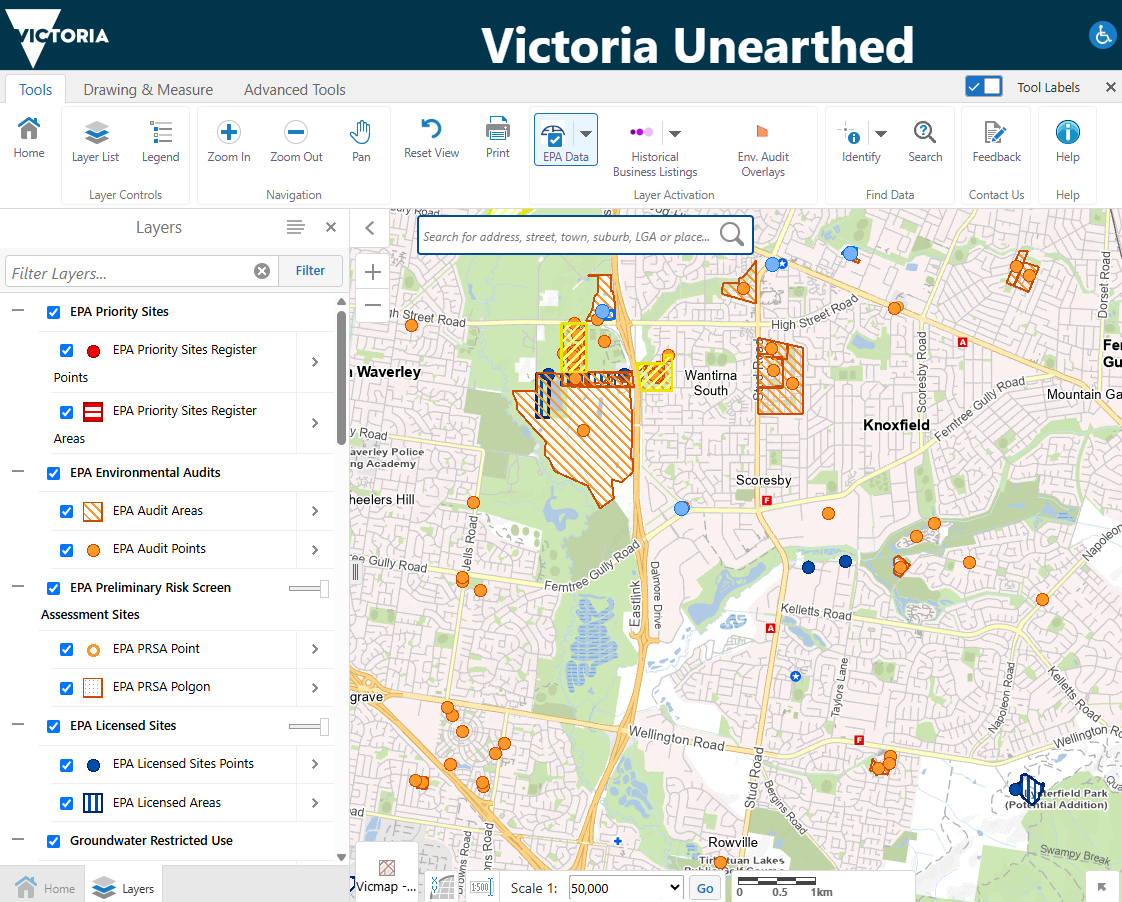 Victoria Unearthed map showing EPA priority sites environmental audits and groundwater information